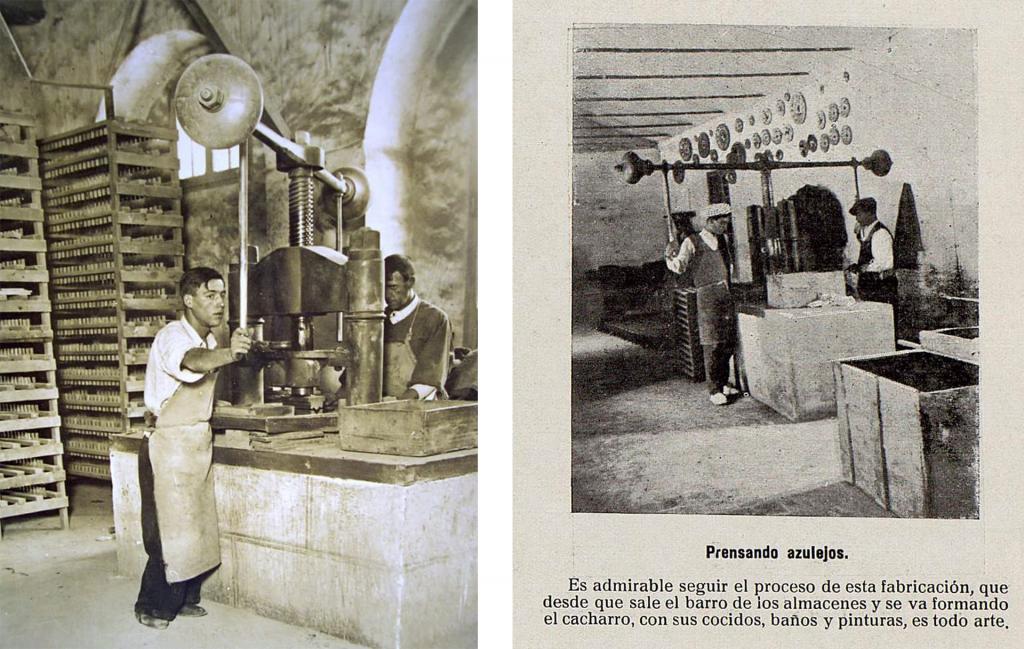 Los operarios prensan el barro para hacer los azulejos