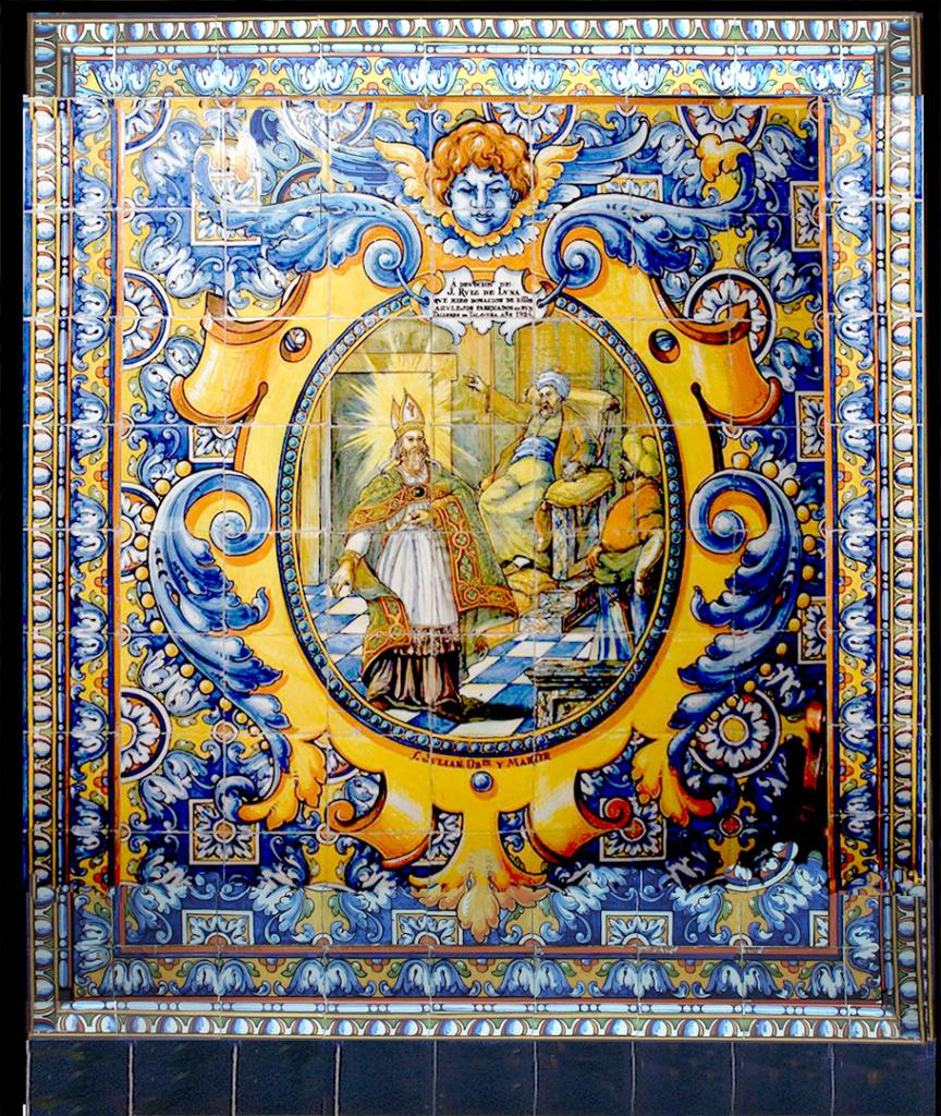 Zócalo cerámico de San Julián obispo y mártir en la iglesia parroquial de Noez