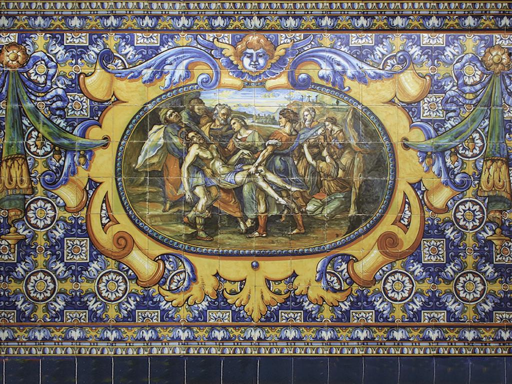 Cristo muerto, zócalo cerámico inspirado en Rafael, iglesia de San Julián de Noez