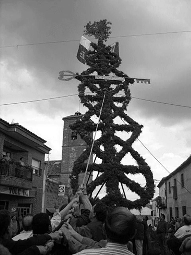 Mozos alzando la Cruz de Mayo, fiesta tradicional de Noez, Toledo