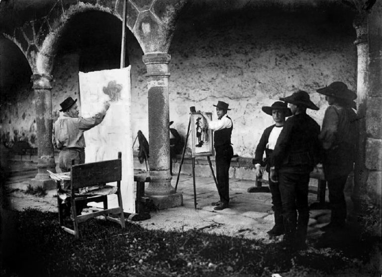 Joaquín Sorolla realiza "Tipos de Lagartera" (1912) para el panel de Castilla, encargado por la Sociedad Hispánica, junto al pintor Carlos Priede.